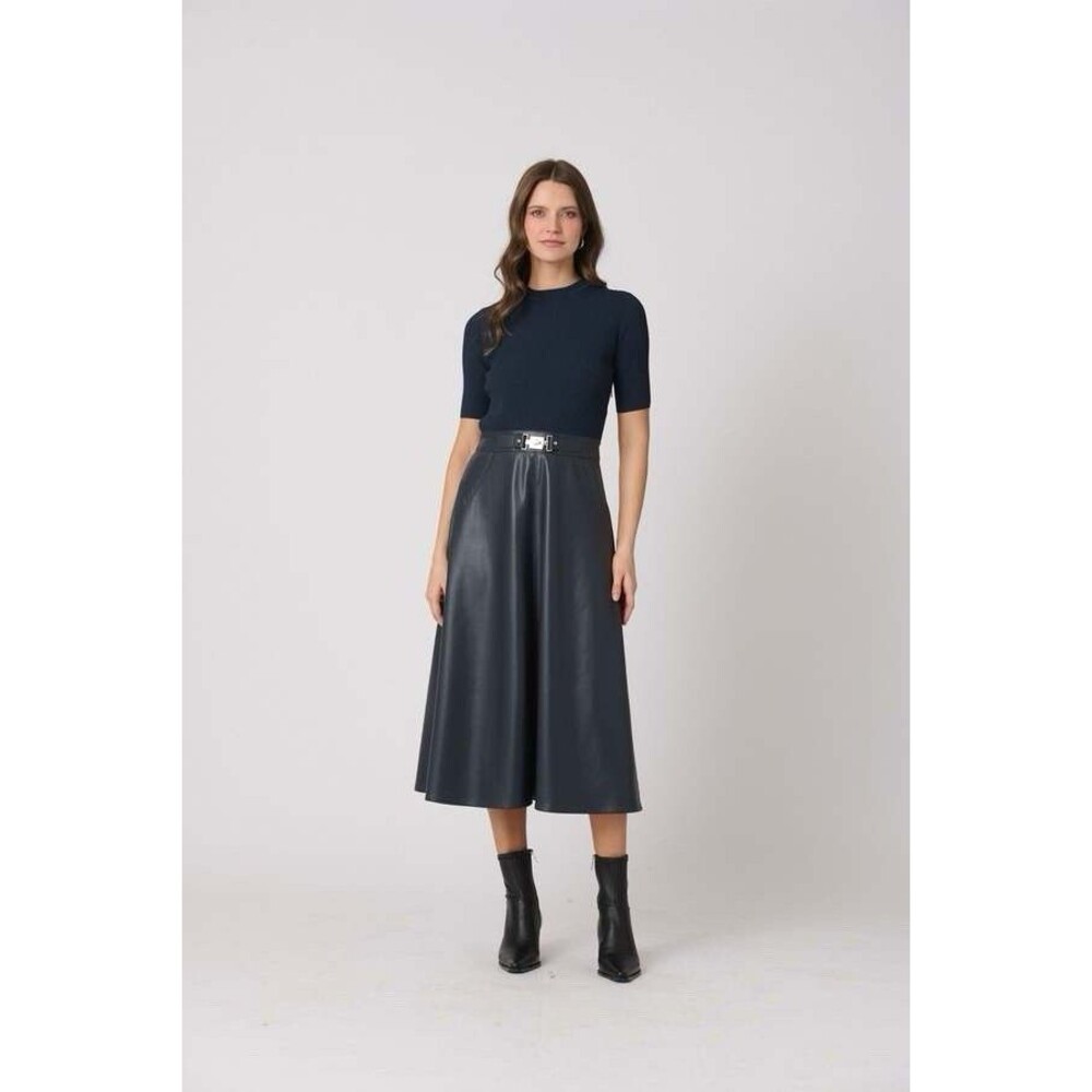 SHOSHANNA Angela Rib Knit & Faux Leather Mixed Media Midi Dress Navy Size XL